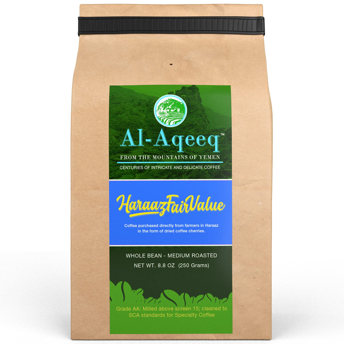 Al-Aqeeq Whole Bean Yemen Coffee Haraaz Region | Specialty Organic Arabica Coffee | Low Acid Medium Roast | Freshly Roasted Fair Value