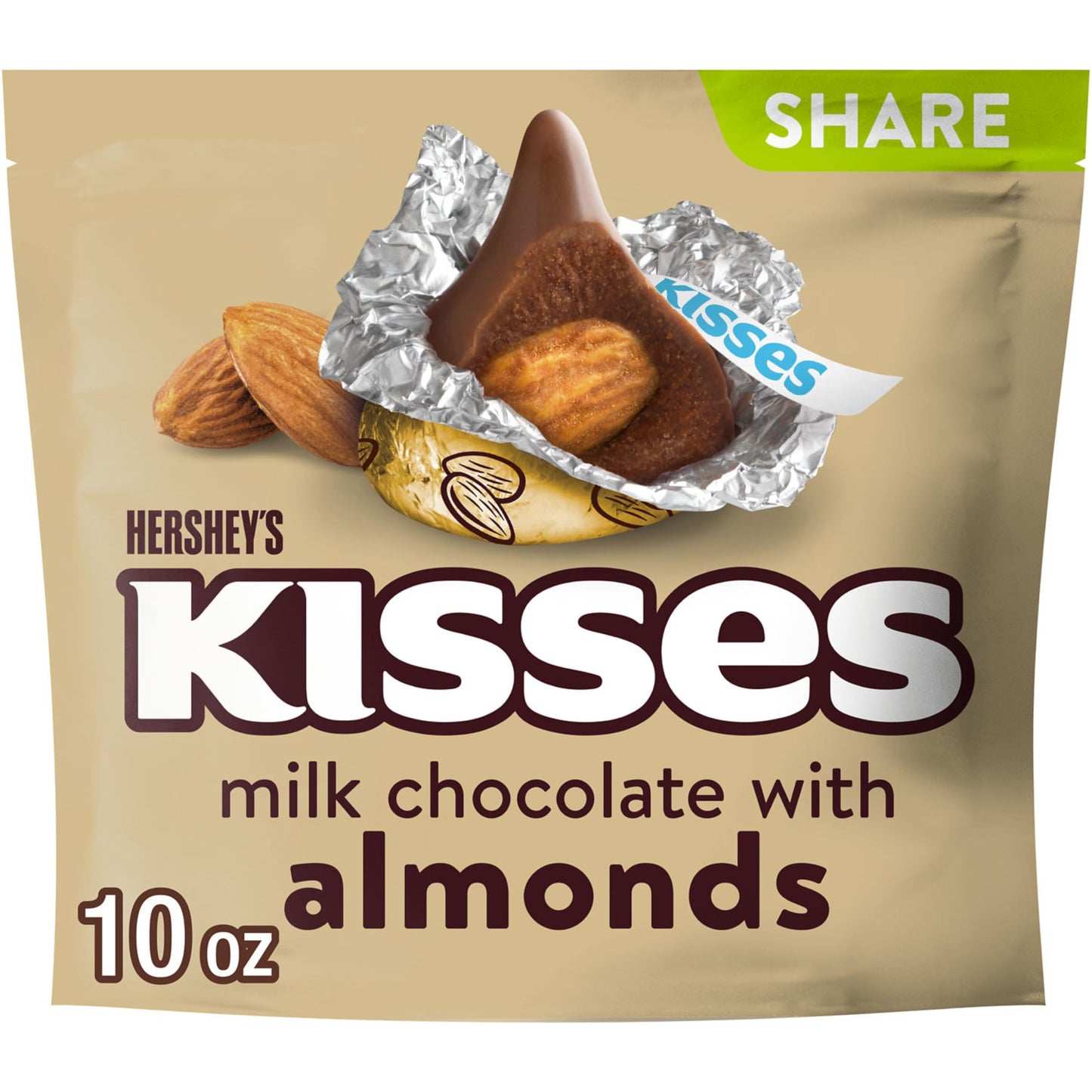 HERSHEYS KISSES Milk Chocolate with Almonds Candy Share Pack, 10 oz