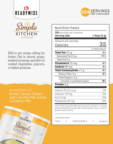 Simple Kitchen Freeze Dried Butter Powder - 204 Servings For Family Meal Prep, Gluten Free & Dehydrated Survival Just Add Water Canned Food, For Camping Meals, Backpacking & Hiking, #10 Can Package