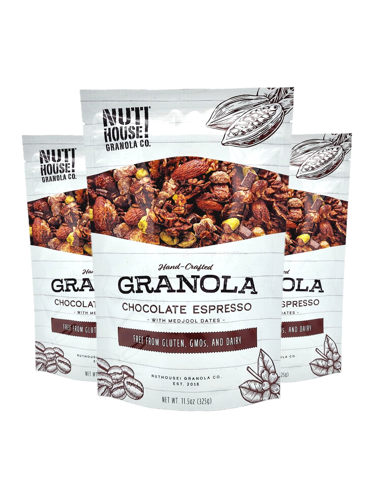 Nuthouse! Granola Company - Top-Grade Chocolate Espresso Granola | Certified Gluten-Free Non-Gmo Kosher | Vegan | 11.5 Oz. Bag (3-Pack)