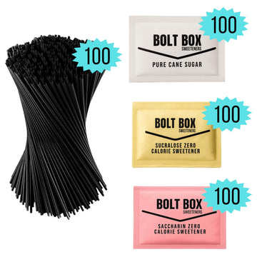 (400 total, 100 each) Bolt Box Sugar & Sweetener Packets Box - Cane Sugar, Substitute Packets, Plastic Coffee Stirrers