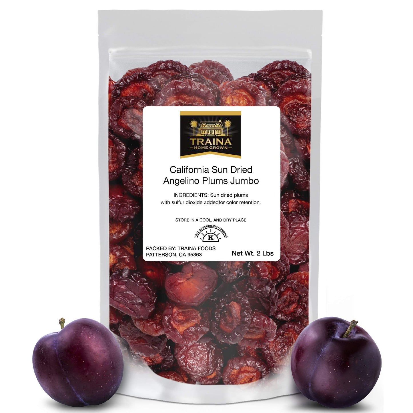 Traina Home Grown Jumbo California Sun Dried Angelino Plum Halves - Healthy No Sugar Added Chewy Tangy Deep Violet Color Non Gmo Gluten Free Kosher Certified Vegan Packed In Resealable Pouch (2 Lbs)