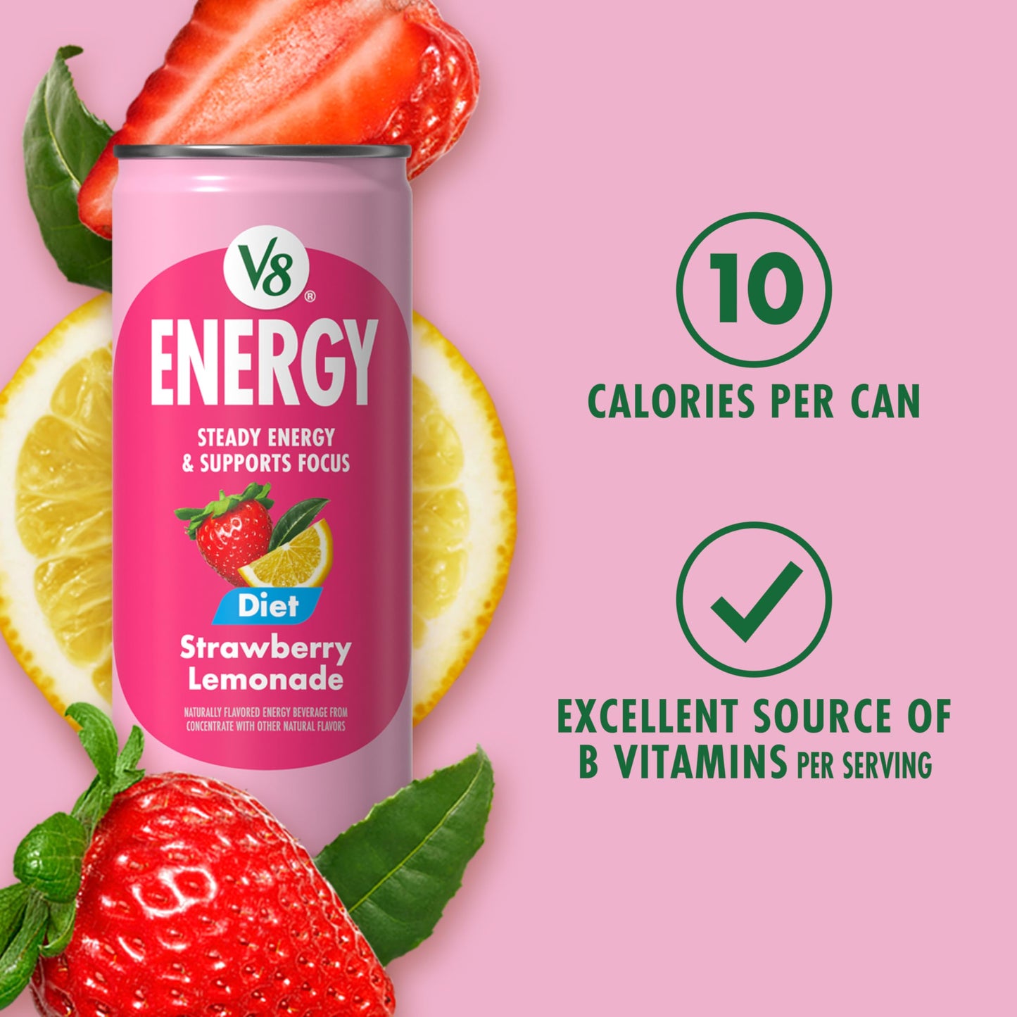 V8 Energy Diet Strawberry Lemonade Juice Drink, 8 fl oz Can, Pack of 24, Model 200000020355