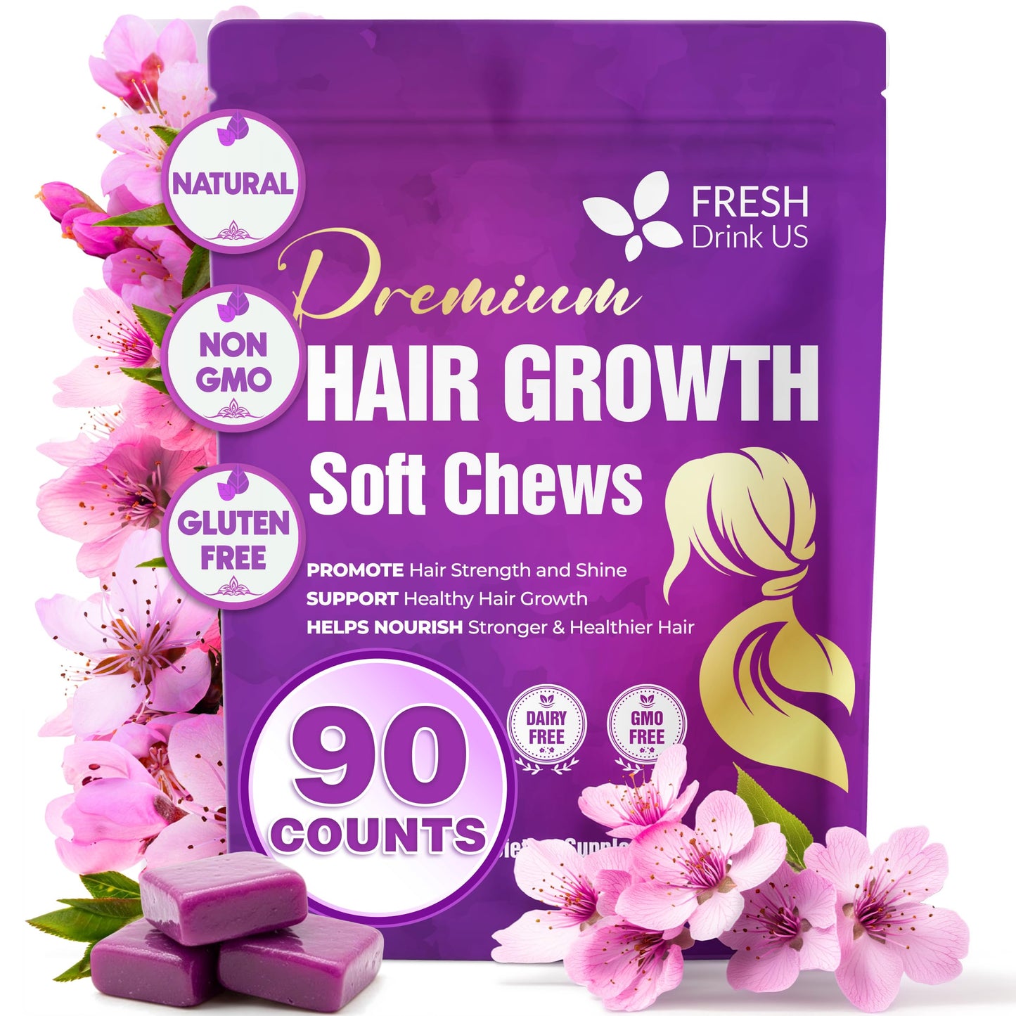 Freshdrinkus Top-Grade Hair Growth Soft Chews | 90 Count | Daily Beauty Soft Chews - Delicious Chewable Formula For Everyday Hair Care Routine - Non-Gmo Gluten Free Dairy Free
