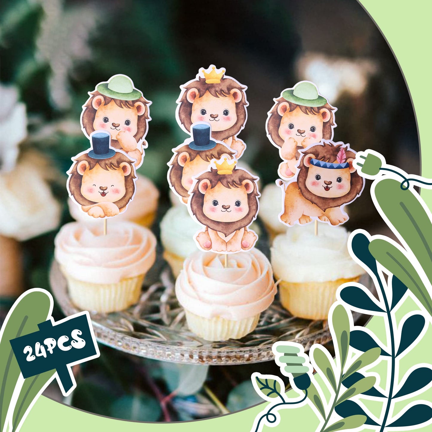 Rssta i Lion Cupcake Toppers - 24 Pack, Jungle Safari Cake Decorations, Paper, Design 8