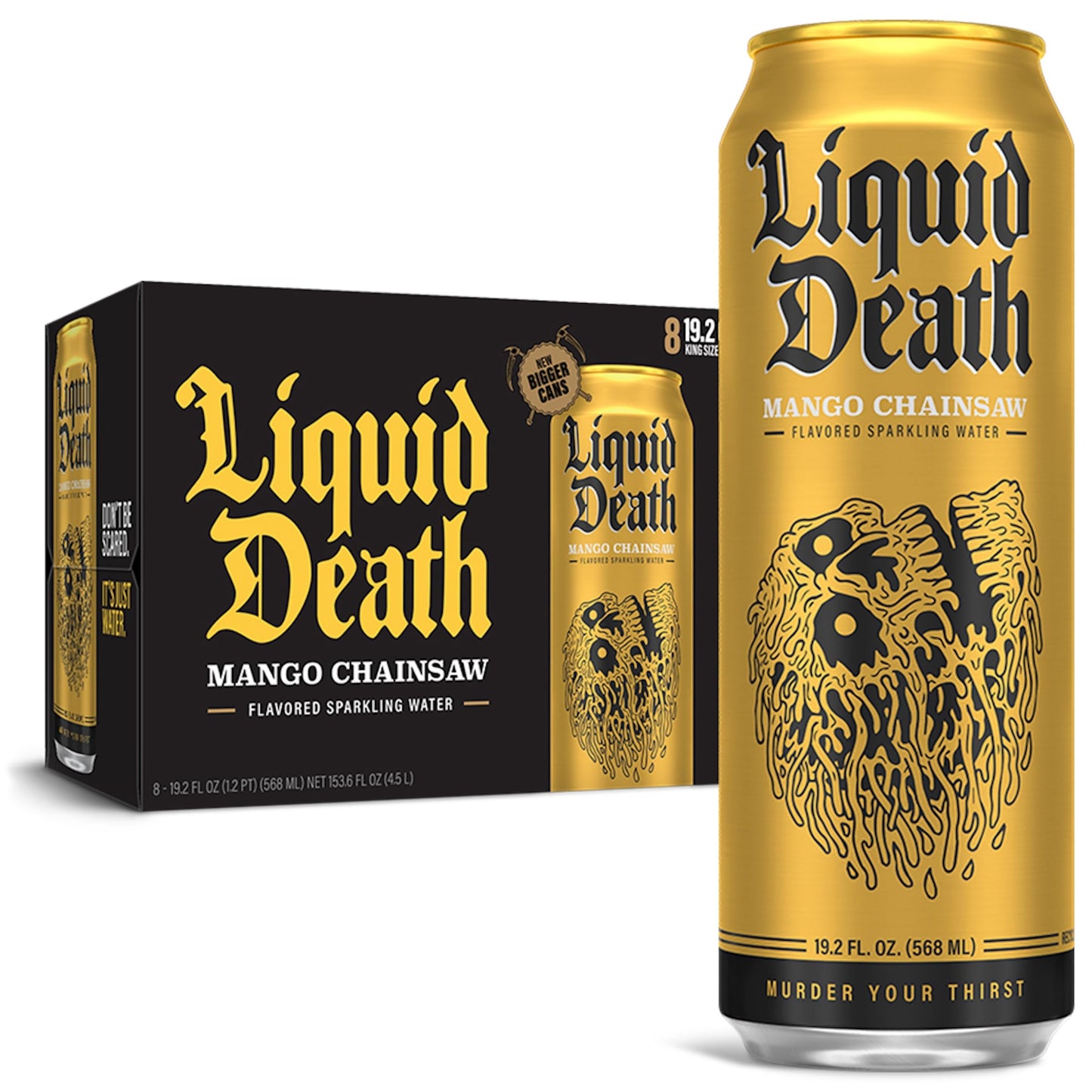 Liquid Death Mango Chainsaw Mango-Flavored Sparkling Water 8-Pack (19.2Oz Cans) Low Calorie & No Artificial Sweeteners