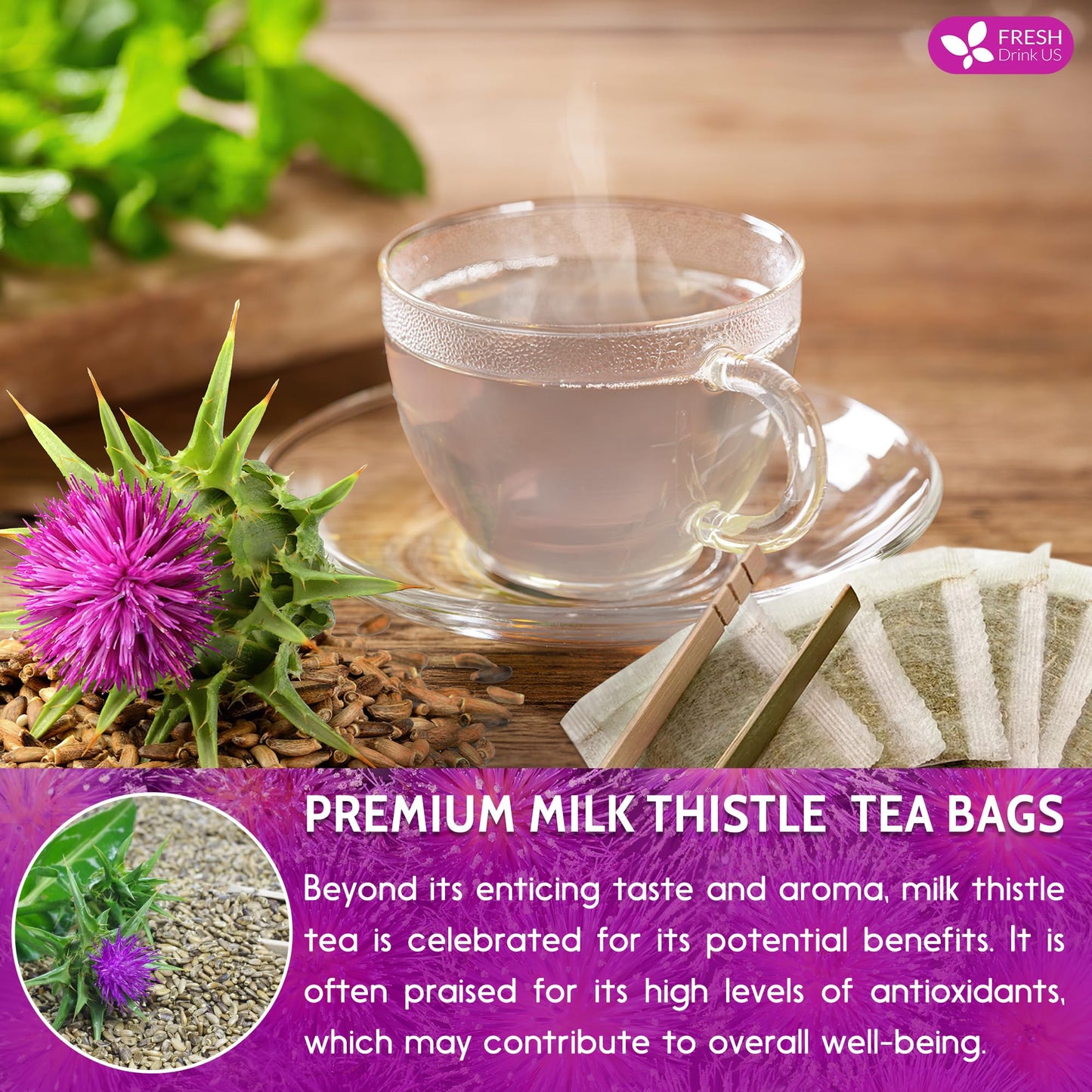 Freshdrinkus, Enhanced 135 Milk Thistle Tea Bags, 100% Natural & Pure From Milk Thistle Seeds. Milk Thistle Seed Herbal Tea. Made With Natural Material Tea Bags. No Sugar, No Caffeine, No Gluten, Vegan.