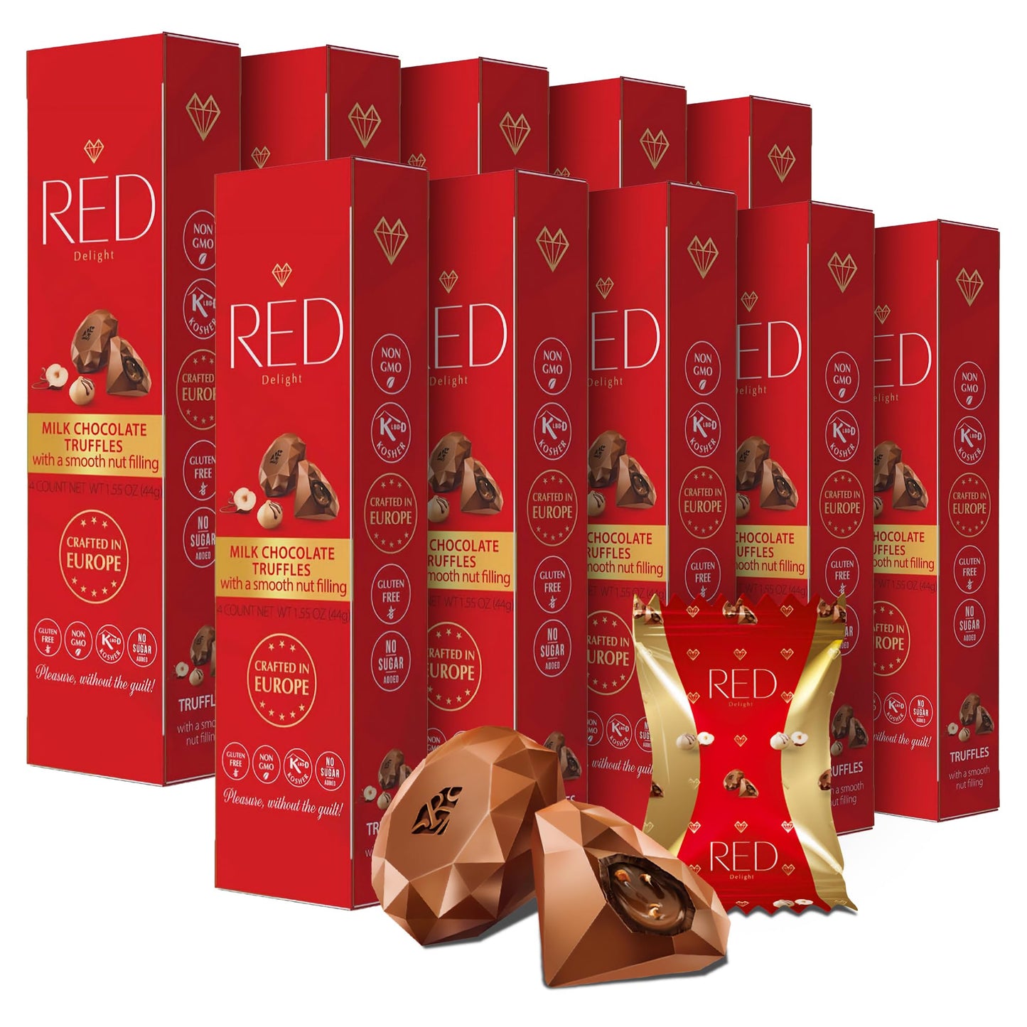 Red Delight Milk Chocolate Diamond Truffles With Smooth Nut Filling - Pack Of 10 (With 40 Chocolate Truffles) 15.50Oz Creamy Treats - Kosher No Added Sugar Gluten-Free European-Style Chocolates