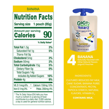 GoGo SqueeZ YogurtZ Kids Snacks, Banana, 3 oz (Pack of 4), Gluten Free, BPA Free Pouches