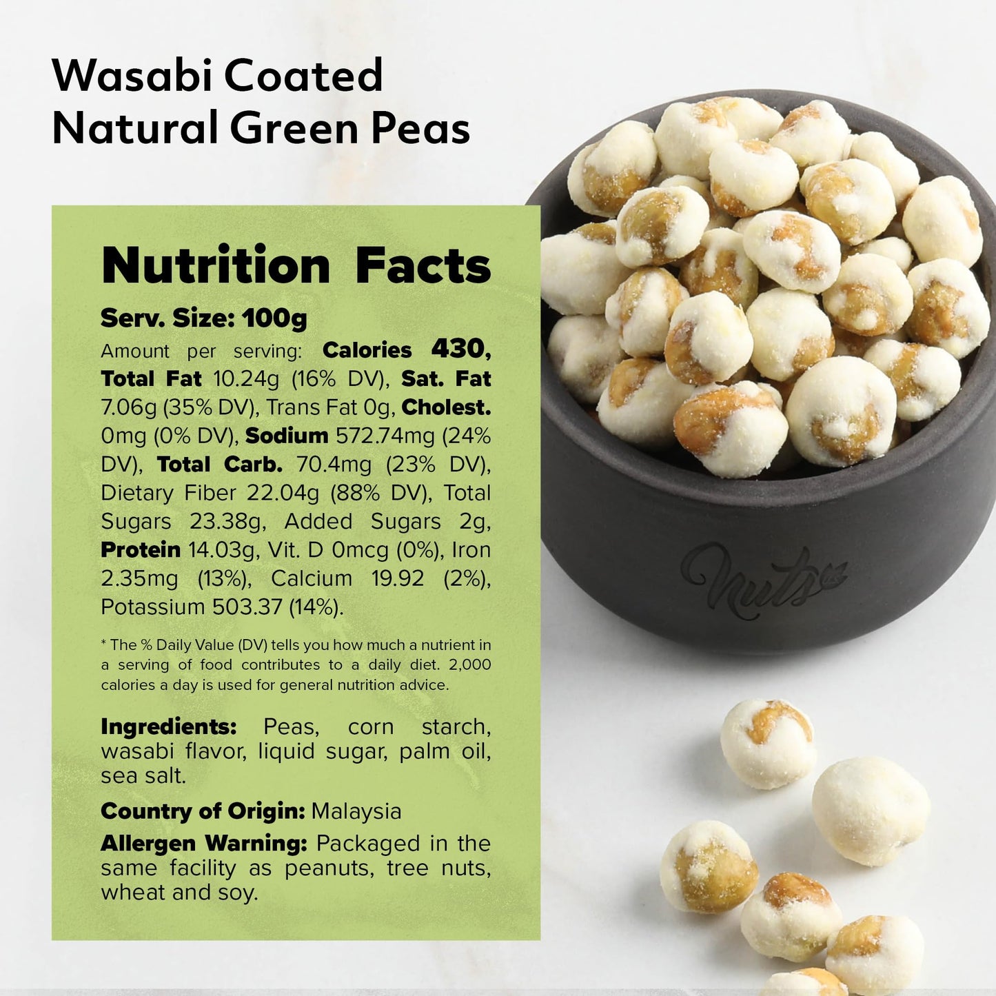 NUTS - U.S. Wasabi Coated Natural Green Peas, 100% Natural, Crunchy & Spicy, 48 Ounce Resealable Bag
