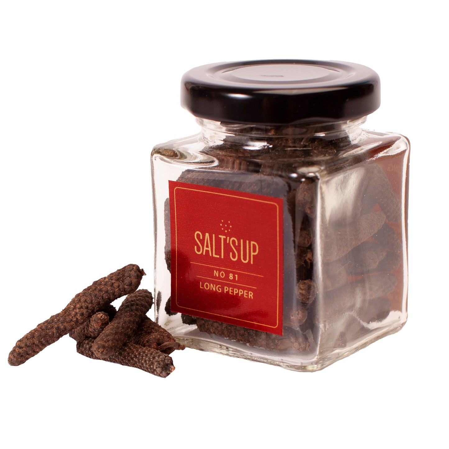 SaltsUp LONG PEPPER - whole peppercorns almost 1 inch long. Stylish glass jar - good gift idea for gourmet lovers