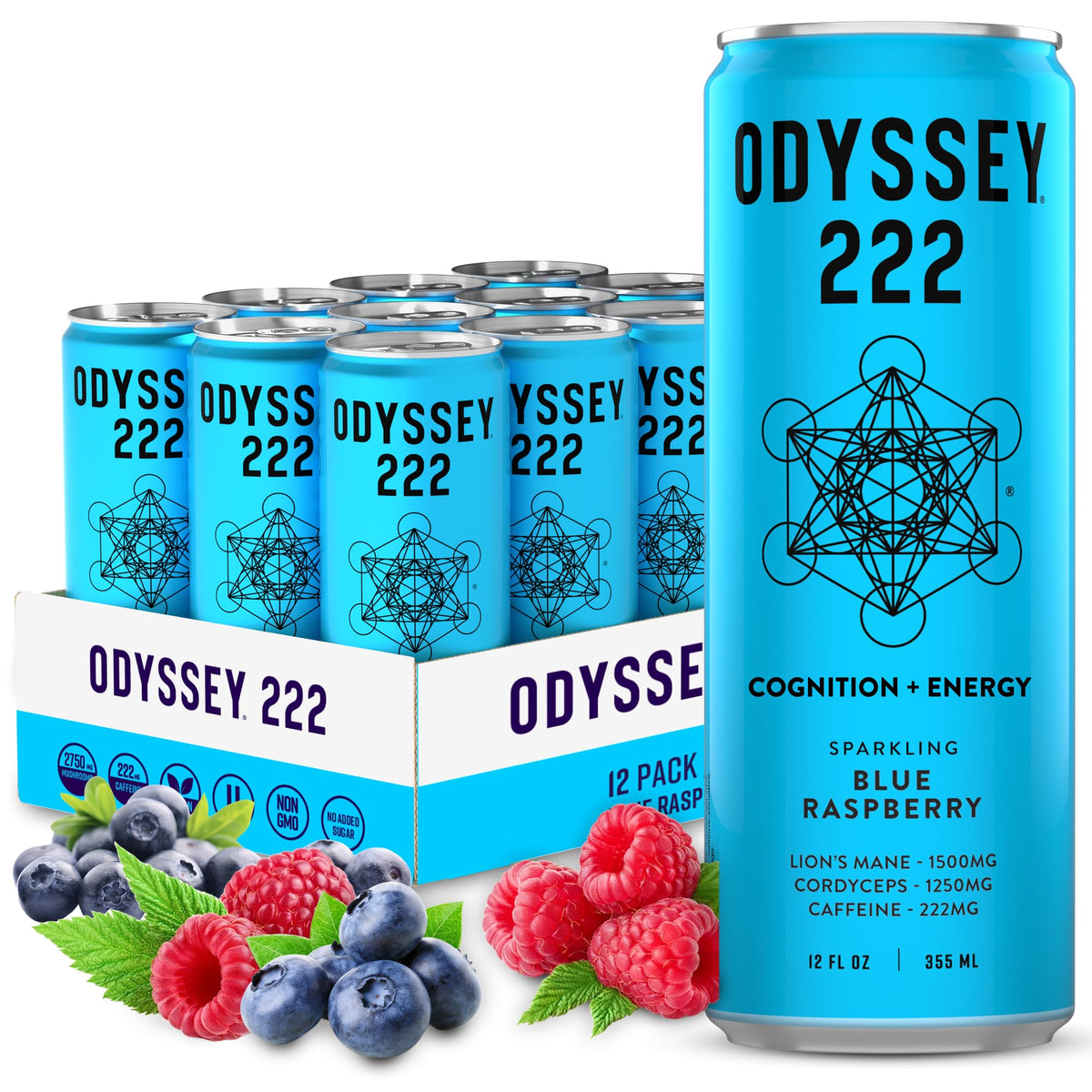 Odyssey 222 Energy Drink Pre Workout 222Mg Energy Blend Clean Energy Drinks L Theanine Lions Mane Cordyceps & Green Tea For Energy Focus & Mood Boost Low Calorie Blue Raspberry 12 Fl Oz 12 Pack