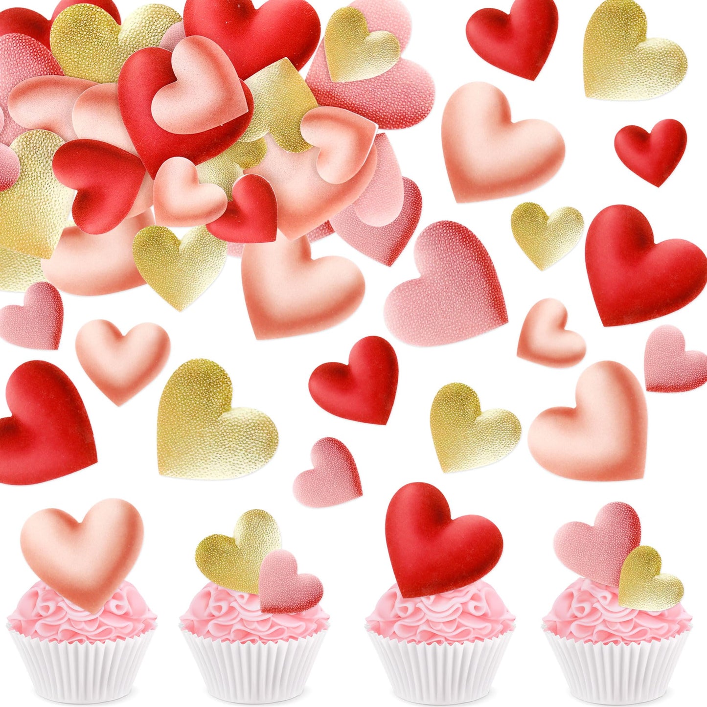Ercadio 65 Pack Edible Red Gold Heart Cupcake Toppers Edible Valentines Day Cupcake Picks For Wedding Anniversary Baby Shower Bridal Shower ValentineS MotherS Party Cake Decorations Supplies