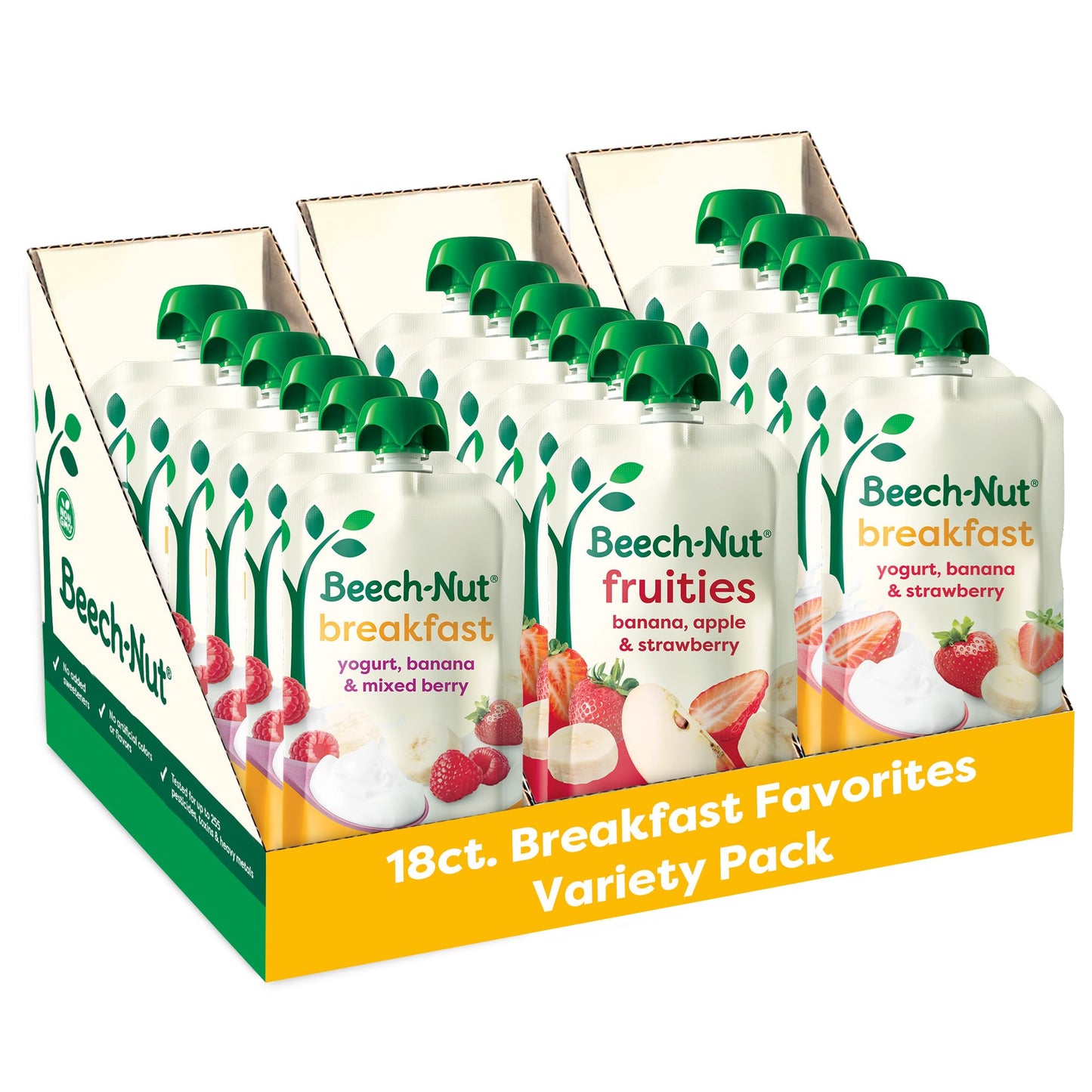 Beech-Nut Toddler Food Breakfast Pouches Variety Pack, NEW Breakfast Favorites Fruit & Yogurt Purees Variety Pack, 3.5 oz (18 Pa
