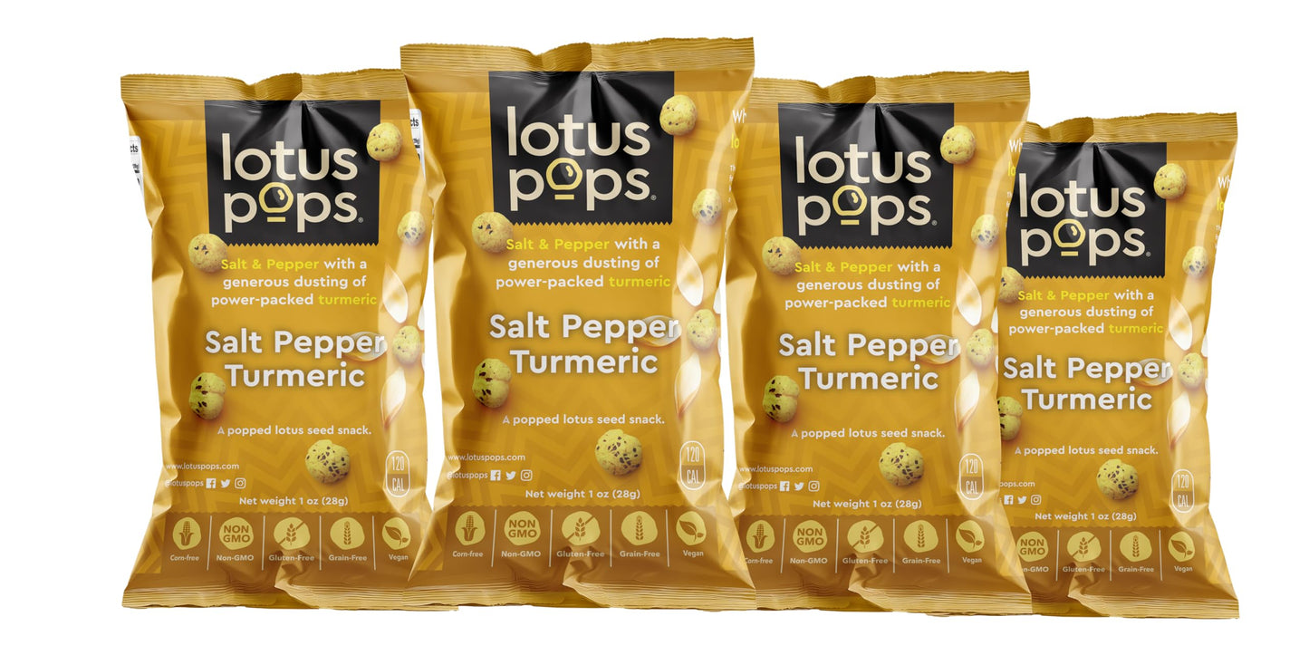Lotus Pops - Popped Lotus (Water Lily) Seed Snacks Low Calorie Gluten Free And Vegan Snacks | Plant Protein | Roasted Not-Fried | Paleo | Grainfree | Nongmo Certified | (Salt Pepper Turmeric 4 1Oz Packs)
