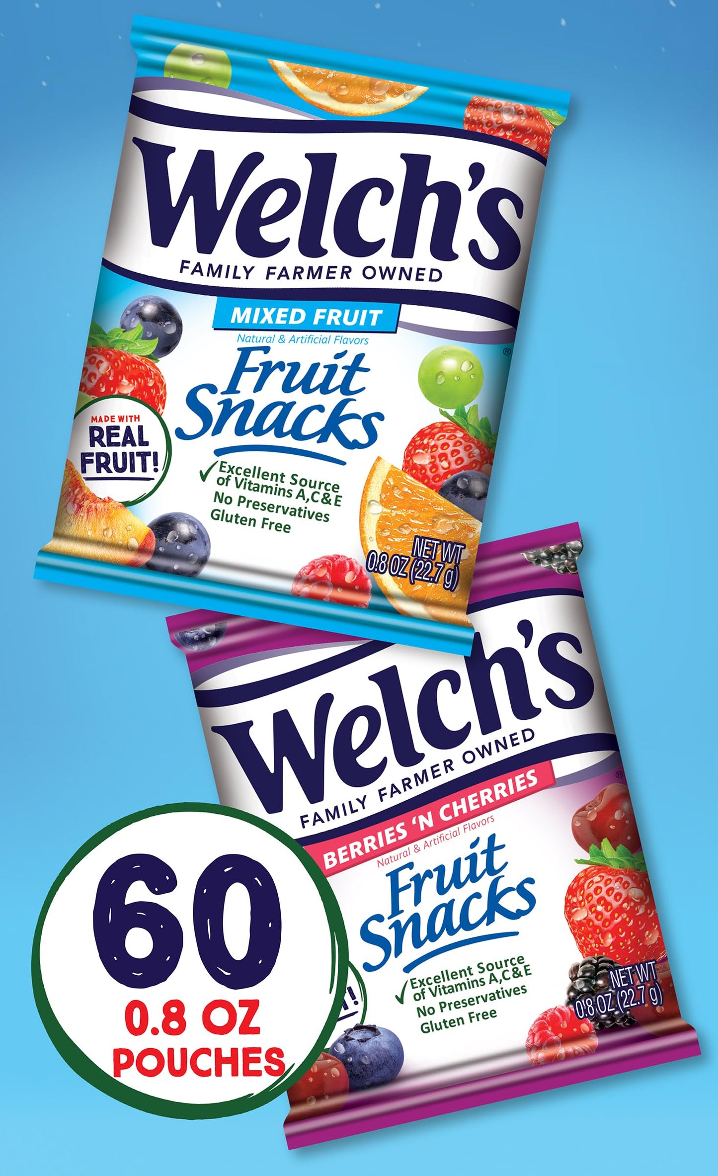 Welch s Fruit Snacks, Mixed Fruit & Berries N Cherries Variety Pack, Great for School Lunches, Bulk Pack, Stocking Stuffers,