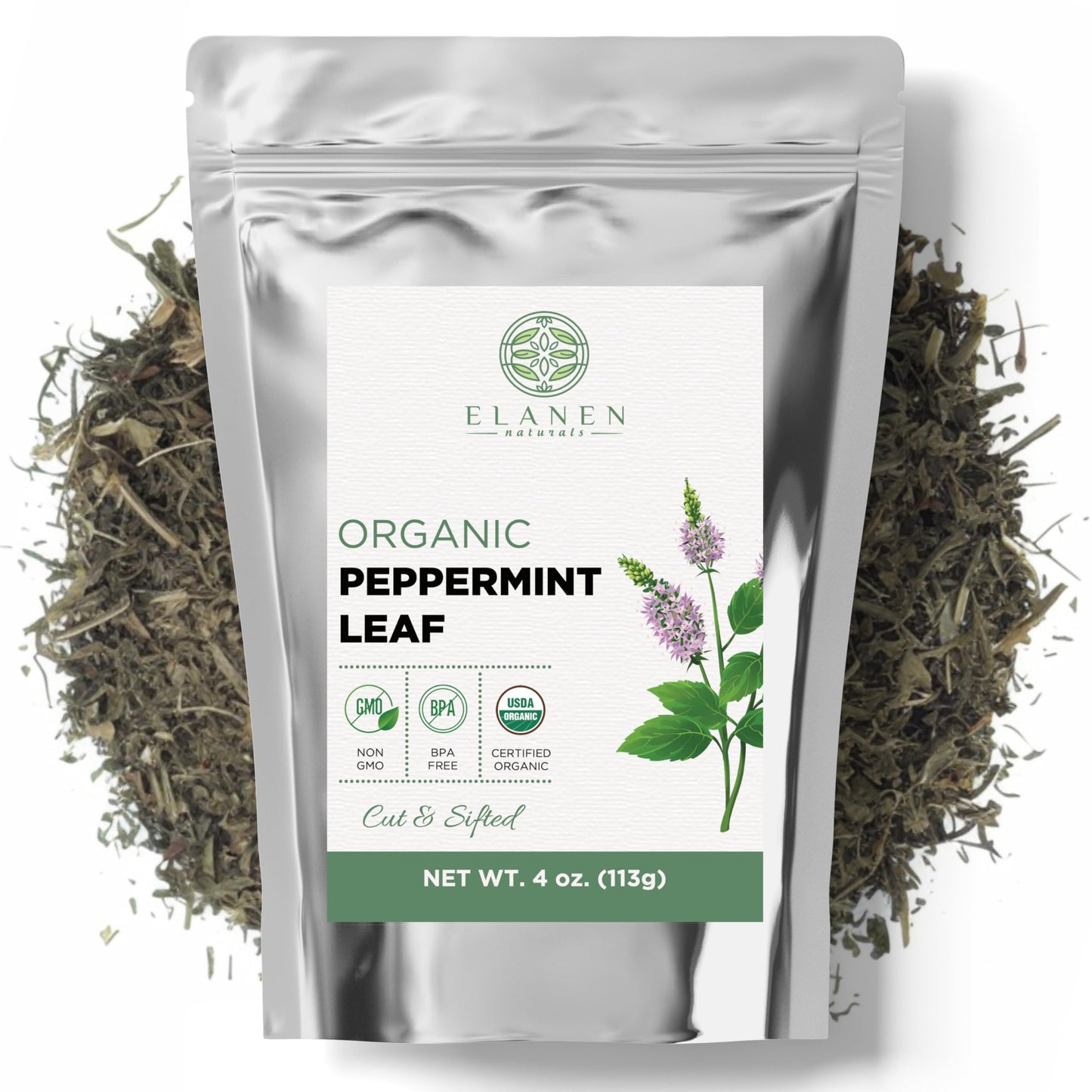 Elanen Naturals Organic Peppermint Leaves 4 Oz. (113G) Usda Certified Organic Peppermint Tea Loose Leaf Dried Mint Dry Mint Tea Bulk Cut & Sifted