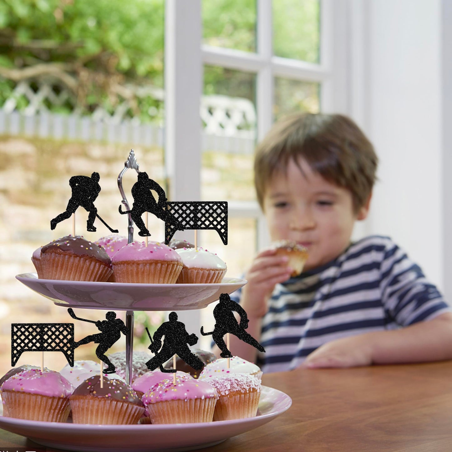 Rssta i Hockey Cupcake Toppers - 24 Pack Glitter Ice Hockey Picks for Birthday Party Decorations - Cardstock - Design 3