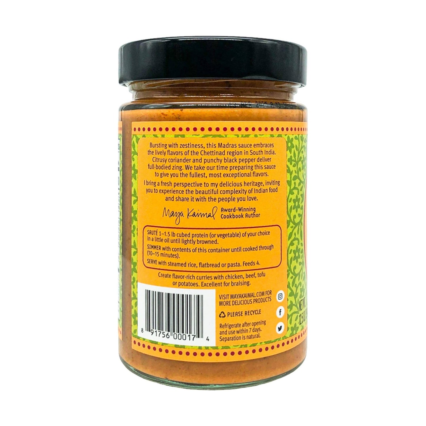 Maya Kaimal Madras Curry Sauce, 12.5 oz, Spicy Indian Simmer Sauce with Peppery Coconut and Coriander. Vegan, Gluten Free, Non-G
