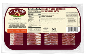 Wellshire Farms 8 oz Organic Uncured Bacon - Made from Organic Pork with Sea Salt & Celery Powder, No Nitrates or Nitrites Added