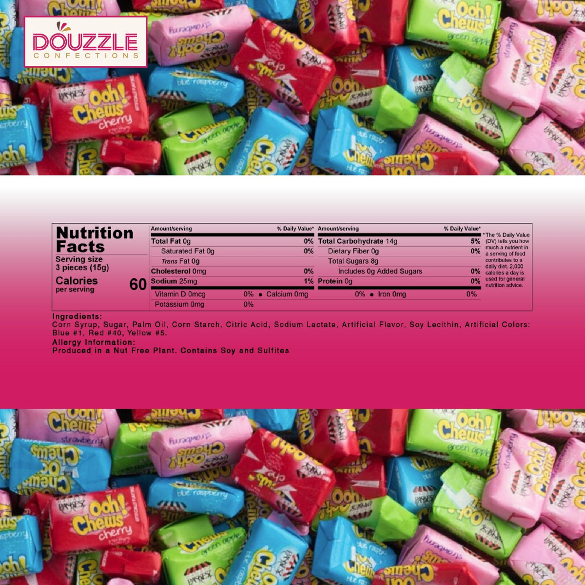 Douzzle Ooh Chews Candy, Sour Fruit (Pack Of 1) Individually Wrapped Candies, Birthday Party Favors, Goodie Bags Stuffers, Pinat