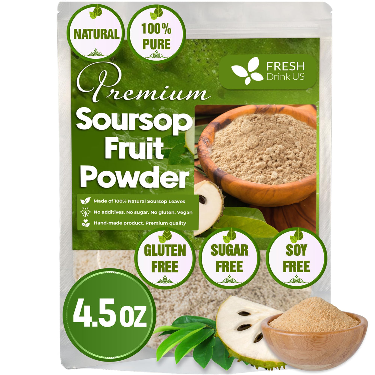 Freshdrinkus Top-Grade 4.5Oz Soursop Graviola Fruit Powder Pure Guanabana Tea Soursop Fruit Herbal Tea No Gmo No Sugar No Energy Blend No Gluten Vegan.