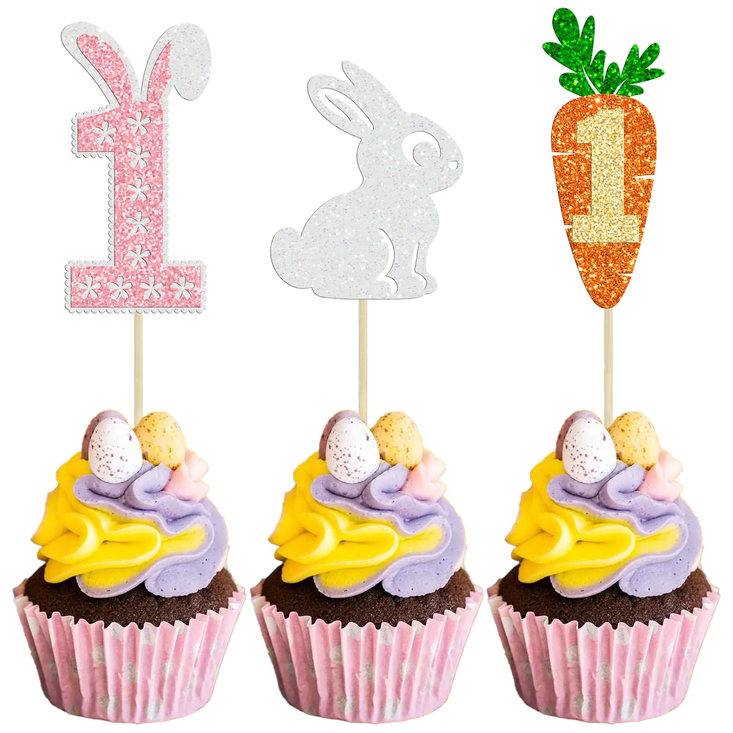 Gyufise 24Pcs Easter Bunny One Cupcake Toppers Glitter Rabbit Carrot One Cupcake Picks Easter Day 1St Cupcake Toppers For Easter Theme Birthday Baby Shower Party Supplies
