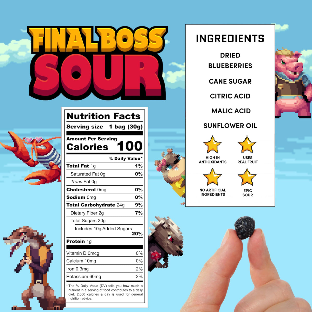 FINAL BOSS Extremely Super Sour Candy - Chewy Blueberry Gummies, Low Calorie Snack, 1.06 Ounce Bags, Pack of 10