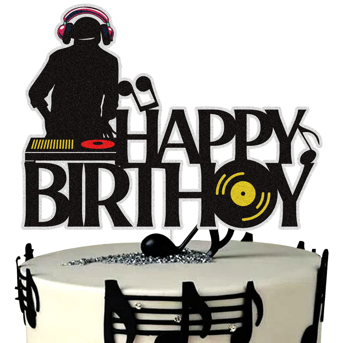 Dj Happy Birthday Cake Topper Black Glitter Disco Hip Hop Cake Decoration Rock Dj Theme Birthday Party Supplies Music Dj Lover