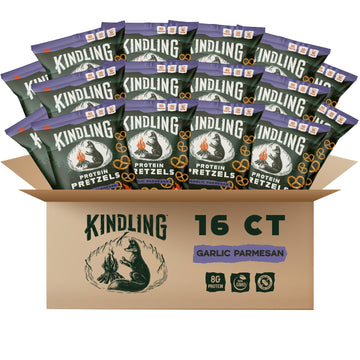 Kindling Protein Pretzels - Garlic-Parmesan | Protein-Packed Snack Size Bags | Kosher | 8-9g Protein Per Serving | No Artificial