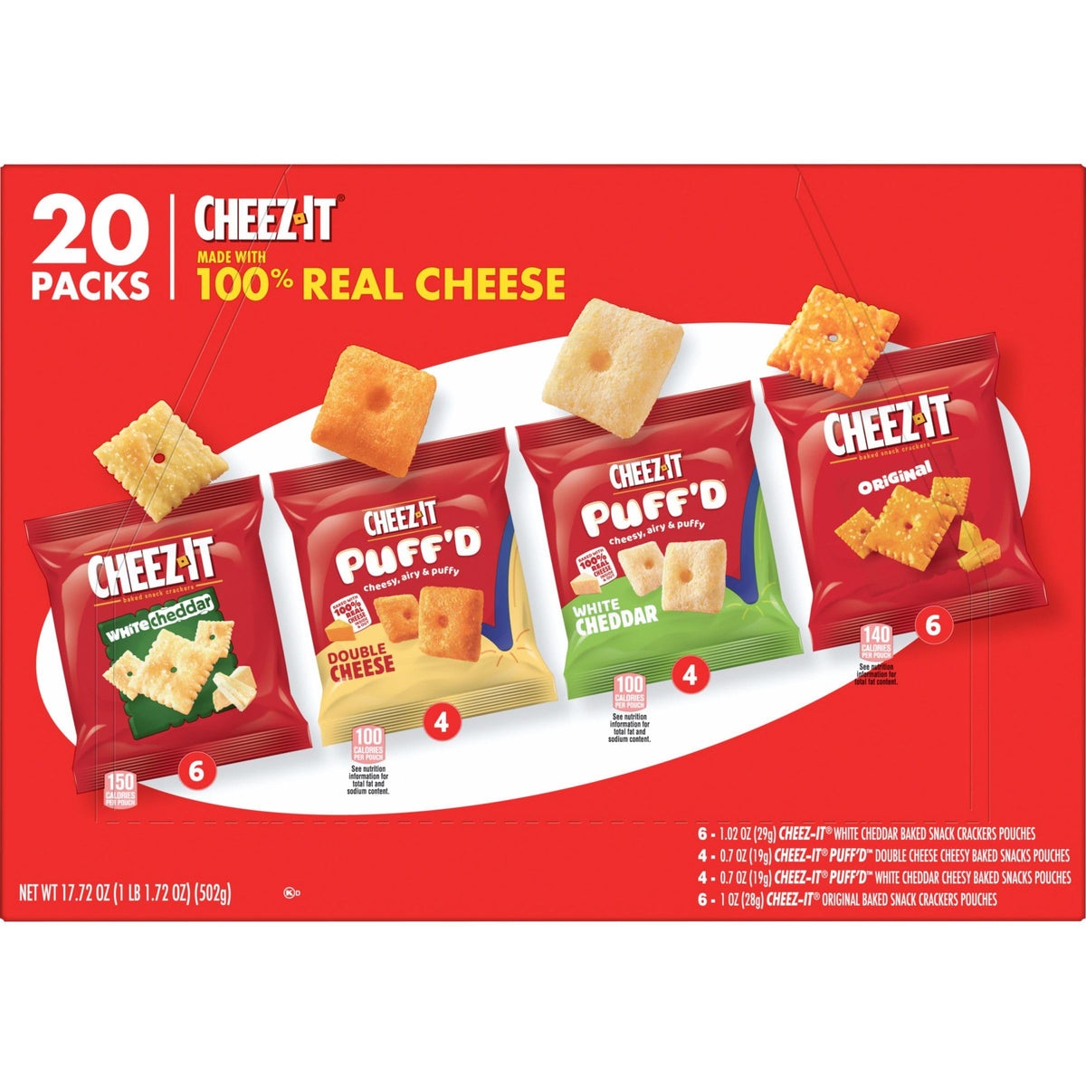 Cheez-It Cheese Crackers, Baked Snack Crackers, Office And Kids Snacks, Variety Pack, 17.72Oz Box (20 Pouches)