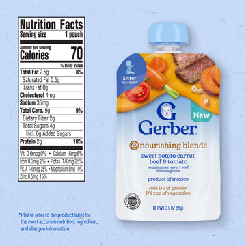 Gerber Stage 2 Baby Food, Baby Food Pouches, Sweet Potato Carrot Beef & Tomato, Nourishing Blends, No Artificial Flavors Or Colors, 12-Pack