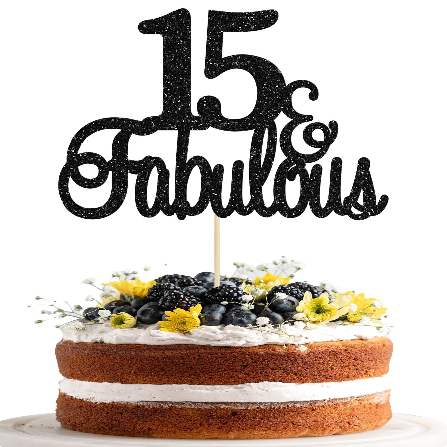 Gyufise 1Pc 15 & Fabulous Cake Topper Black Glitter Fifteen And Fabulous Cake Toppers Happy 15Th Birthday Cake Pick For 15Th Wedding Anniversary Birthday Party Cake Decorations Supplies