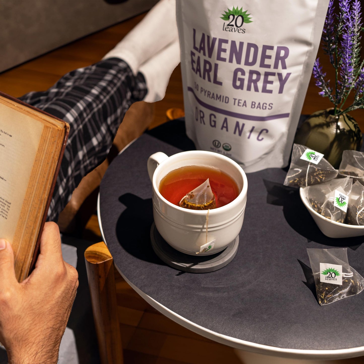 20 Leaves Lavender Earl Grey Black Tea - 100% Organic - 50 Pyramid Tea Bags in Resealable Bag