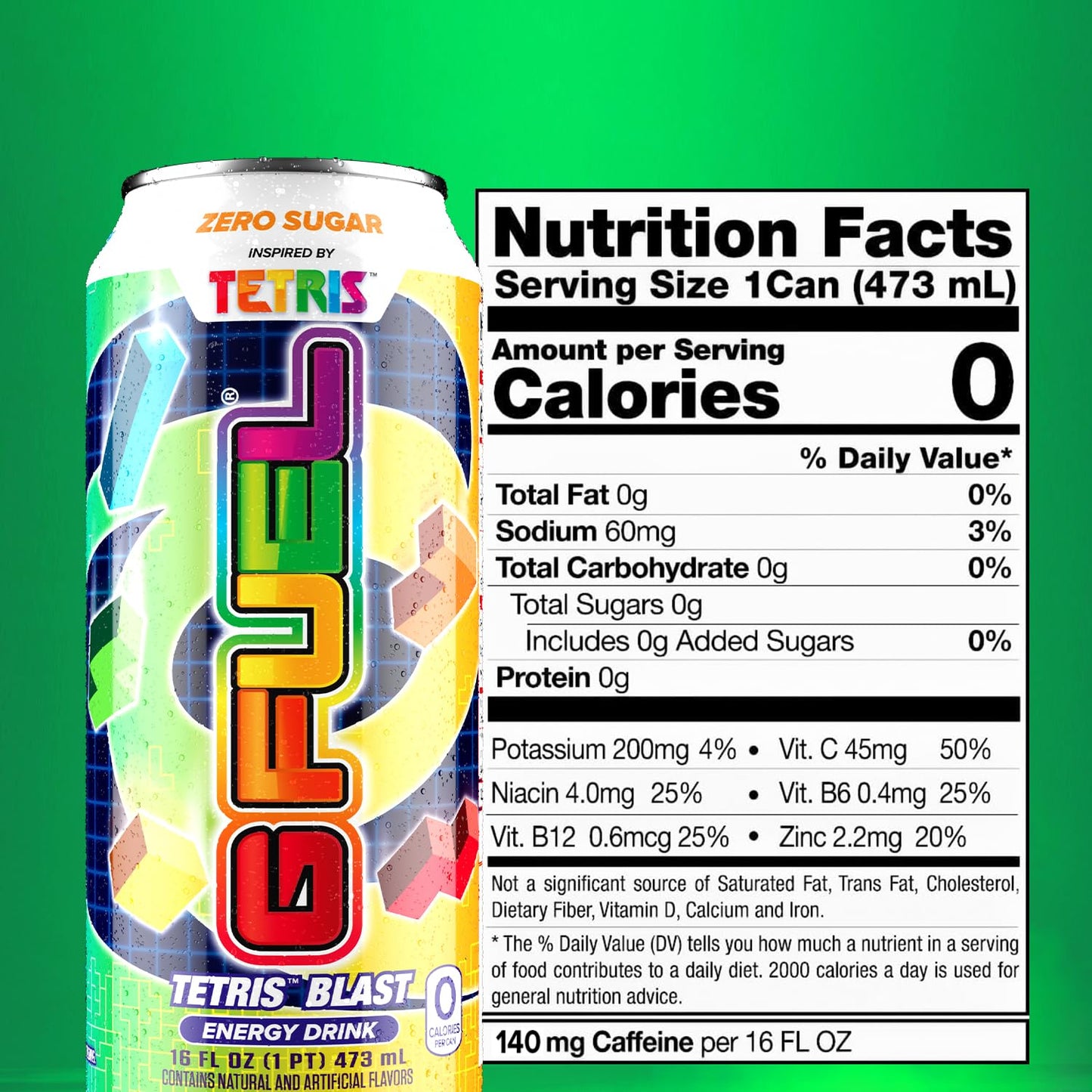G Fuel Tetris Blast Energy Drink, 16 oz Can, 12-Pack Case, Green