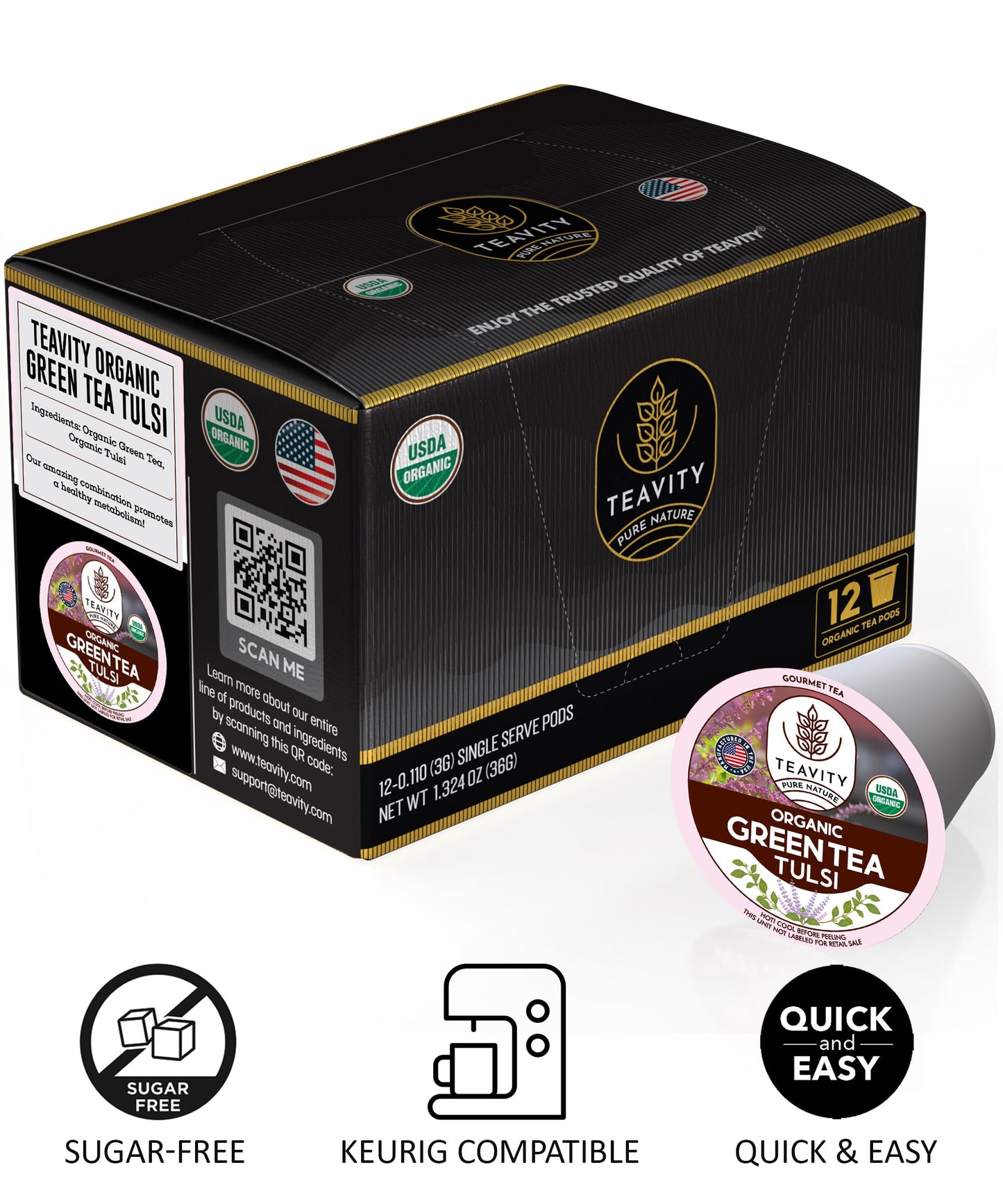 Organic Tulsi Tea Pods With Unsweetened Caffeinated Green Tea Pods For Keurig - Tulsi Green Tea By Teavity (36 Tea Pods)
