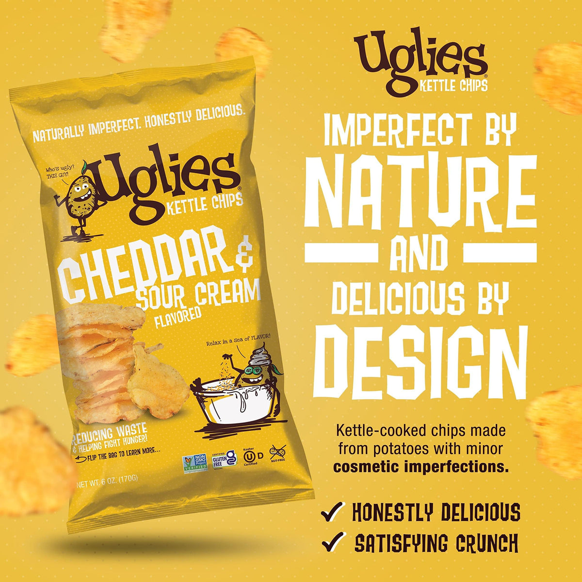 UGLIES Cheddar and Sour Cream Kettle-Cooked Potato Chips, Gluten-Free Snacks, Kosher Chips, Non-GMO Snacks for Kids or Office, 6