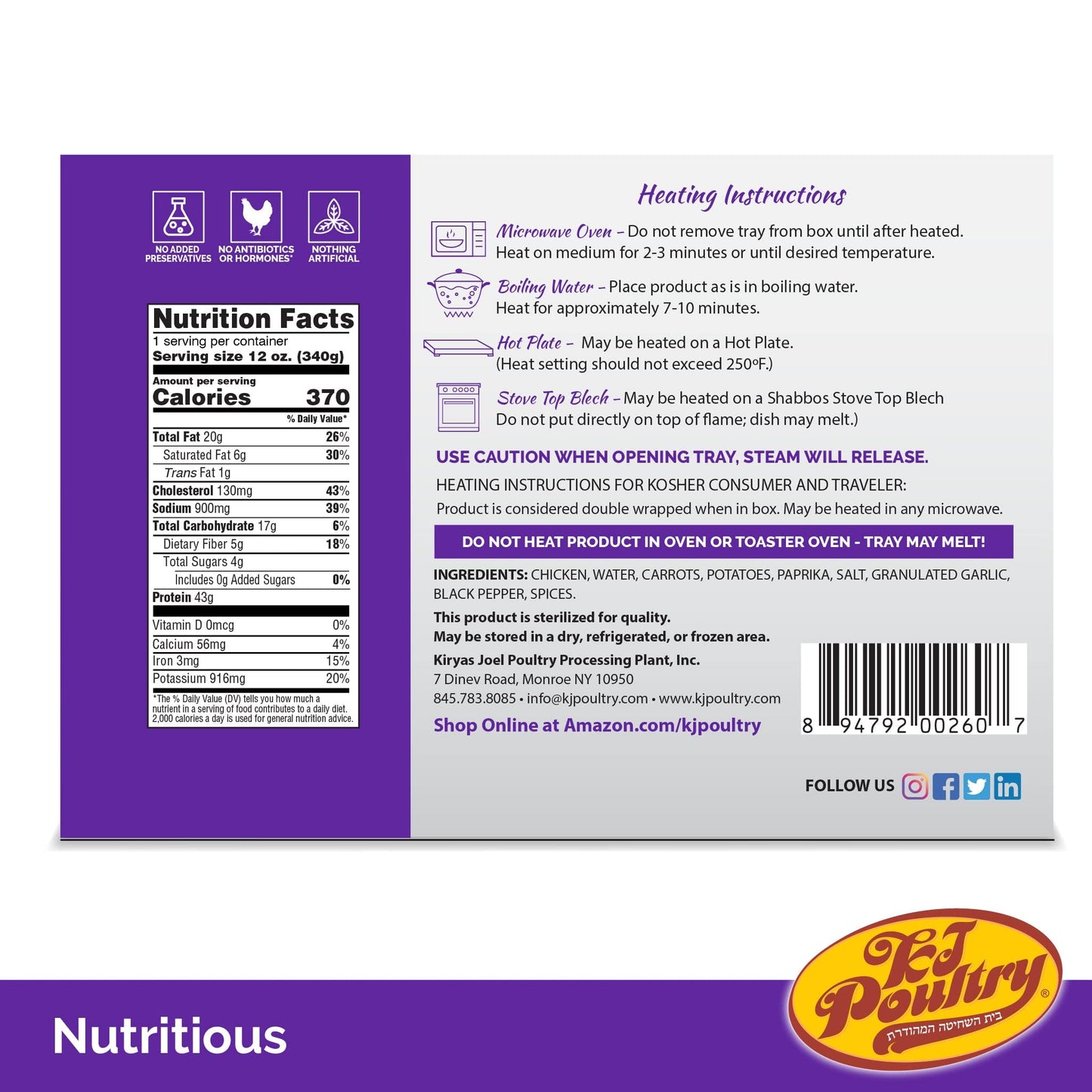 KJ Poultry Kosher for Passover Gluten Free Meals, Roast Chicken with Potato & Carrots, Halal, (3 Pack) Prepared Entree Fully Coo