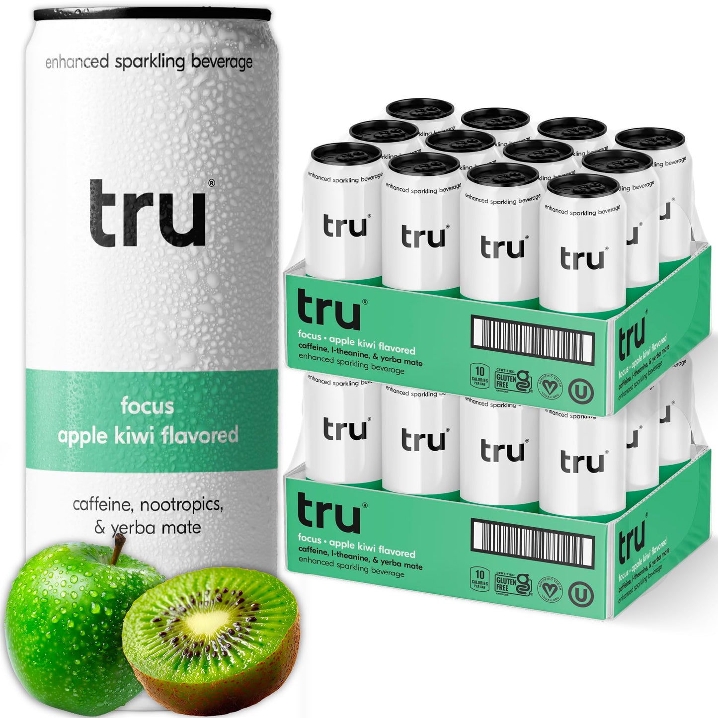 Tru Focus Seltzer Apple Kiwi Flavored Sparkling Water Made With Real Fruit Juice - Nootropic Drink Plus Yerba Mate Extract - Natural Energy Blend Kosher Gf No Added Sugar Beverages 12Oz (Pack Of 24)