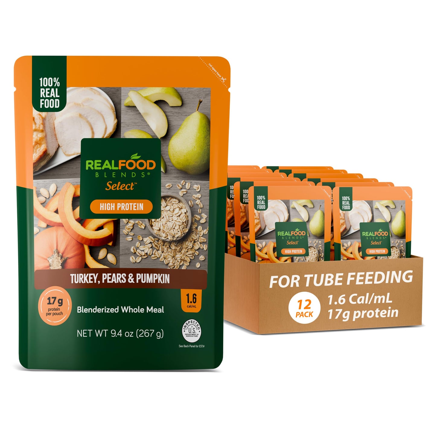Real Food Blends Select Turkey, Pears & Pumpkin - Pureed Food Meal for Feeding Tubes, 9.4 oz Pouch (Pack of 12 Pouches)