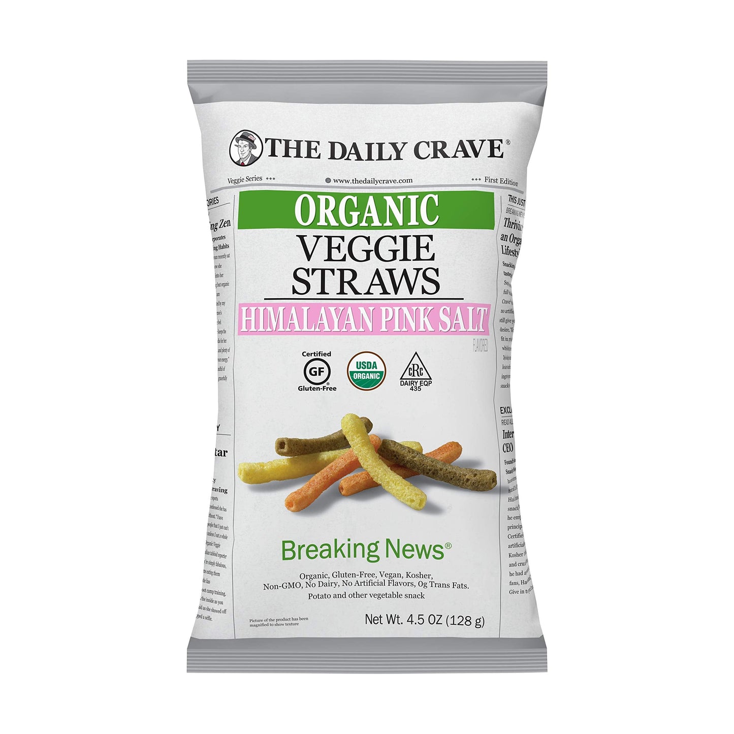 The Daily Crave Organic Veggie Straws, Crunchy Veggie with Himalayan Pink Salt, 4.5 Ounce (Pack Of 8) Gluten-Free, Vegan, Kosher