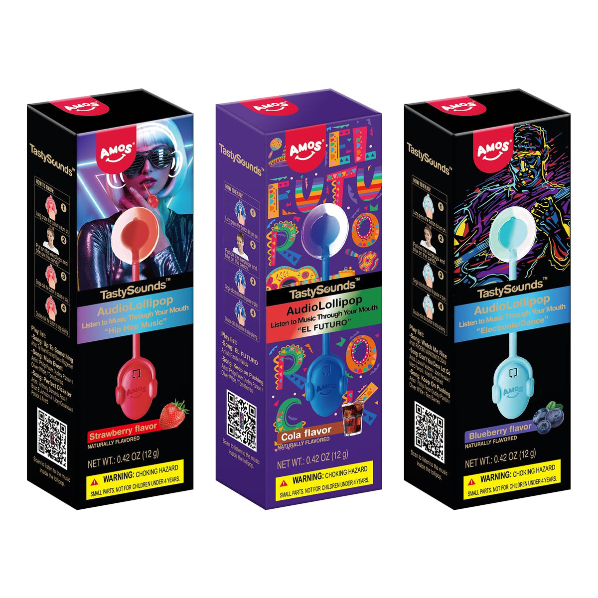 Amos Tasty Sounds Audio Lollipop Candy Sinflavor Blendg Music Lollipop Suckers Sugar Free Strawberry & Blueberry & Cola Natural Flavor Individually Wrapped 3-Pack Bundle