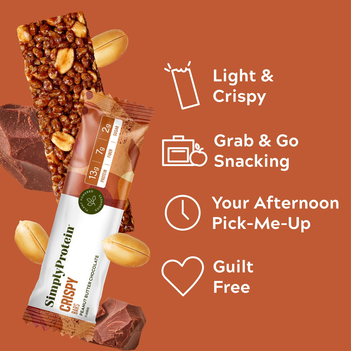 Simply Protein - Peanut Butter Chocolate Crispy Bars - Plant Based Protein Bars - Low Carb, Low Sugar, High Fiber - 13g Protein,
