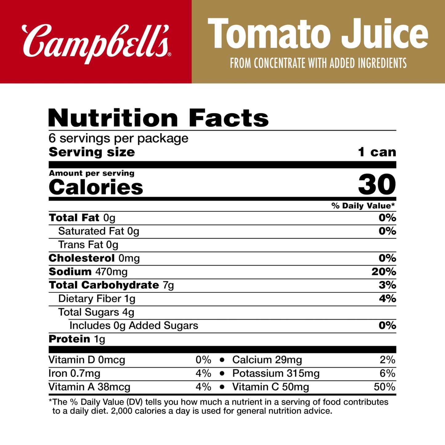 Campbells 100% Tomato Juice, 5.5 fl oz Can, Pack of 48