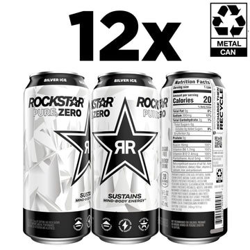 Rockstar Pure Zero Energy Drink, Silver Ice, 0 Sugar, Caffeine, 16oz Cans, Pack of 12