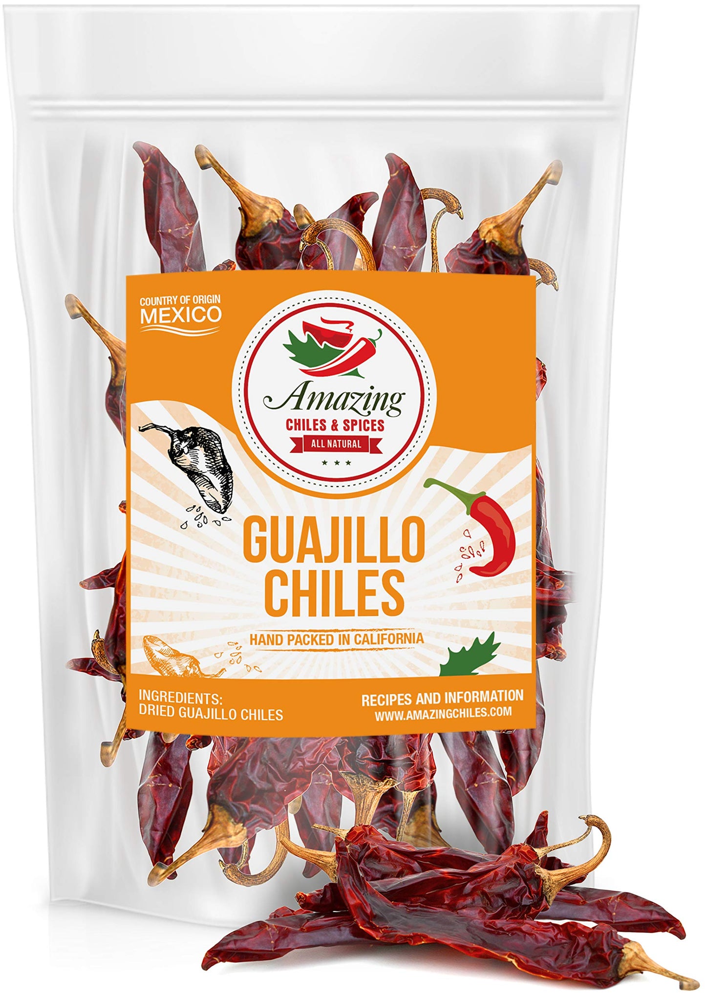 Guajillo Chiles Peppers Dried Whole 8 Oz - Natural And Top-Grade. Great For Mexican Recipes Like Mole Tamales Salsa Meats. Mild To Medium Heat Complex Fruity Flavor. Resealable Bag