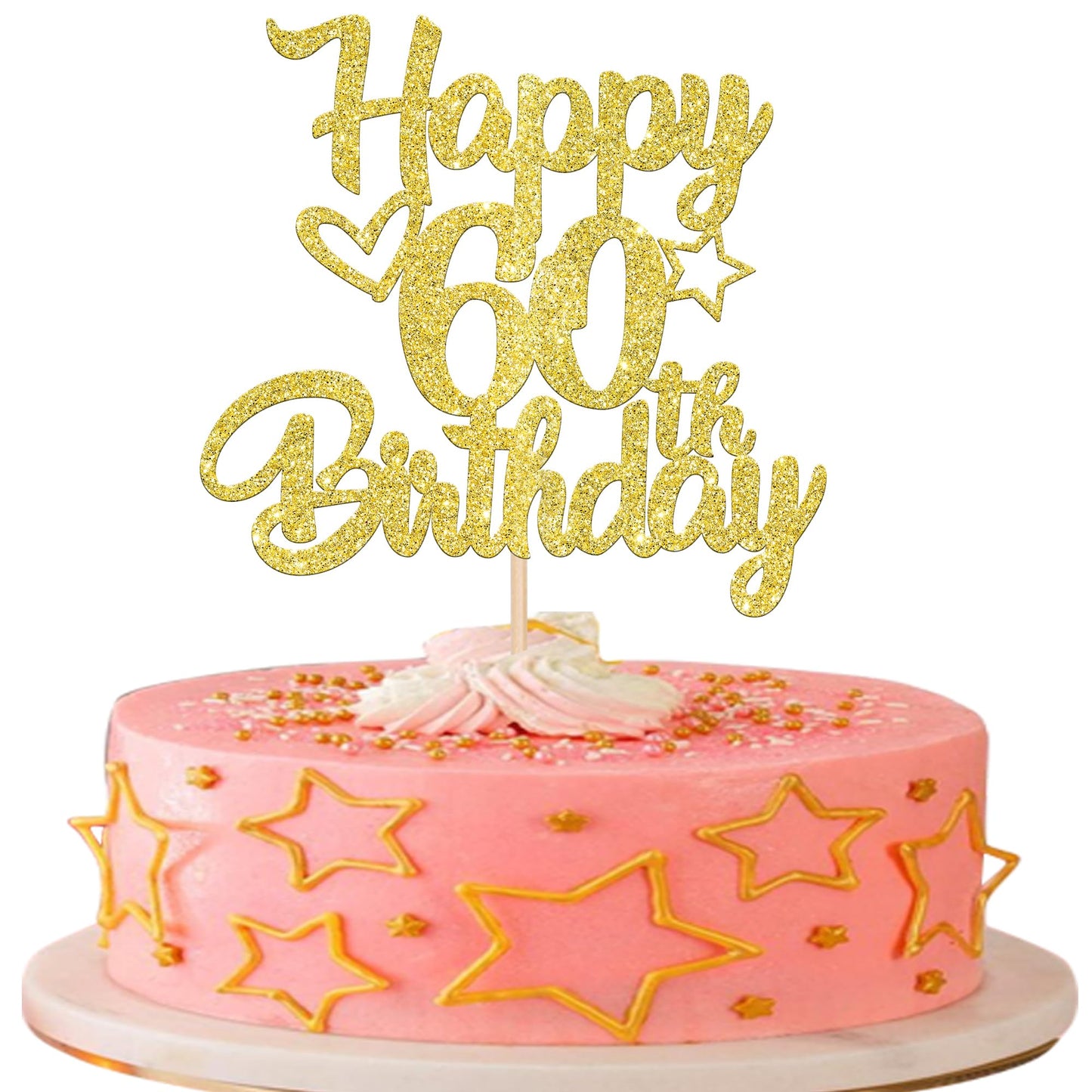 1 Pack Happy 60Th Birthday Cake Topper Glitter Heart Star 60 Fabulous Cake Pick Birthday Sign Cake Decorations For Children 60Th Birthday Theme Party Supplies Gold