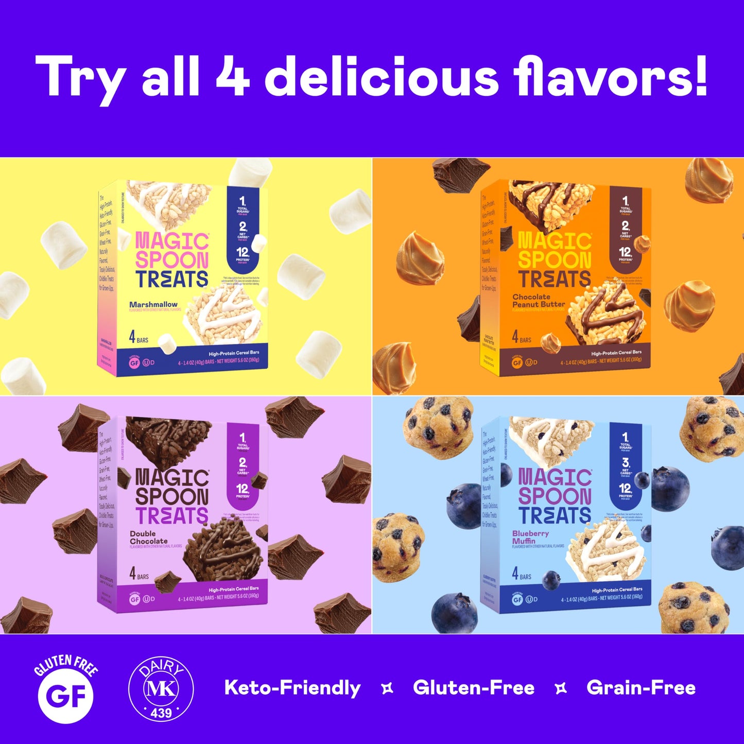 Magic Spoon - High Protein, Low Carb, Keto Friendly, Low Sugar, Gluten Free, Crispy Protein Bar Cereal Bar, On-The-Go Healthy Snack (Blueberry Muffin, 16 Bars)