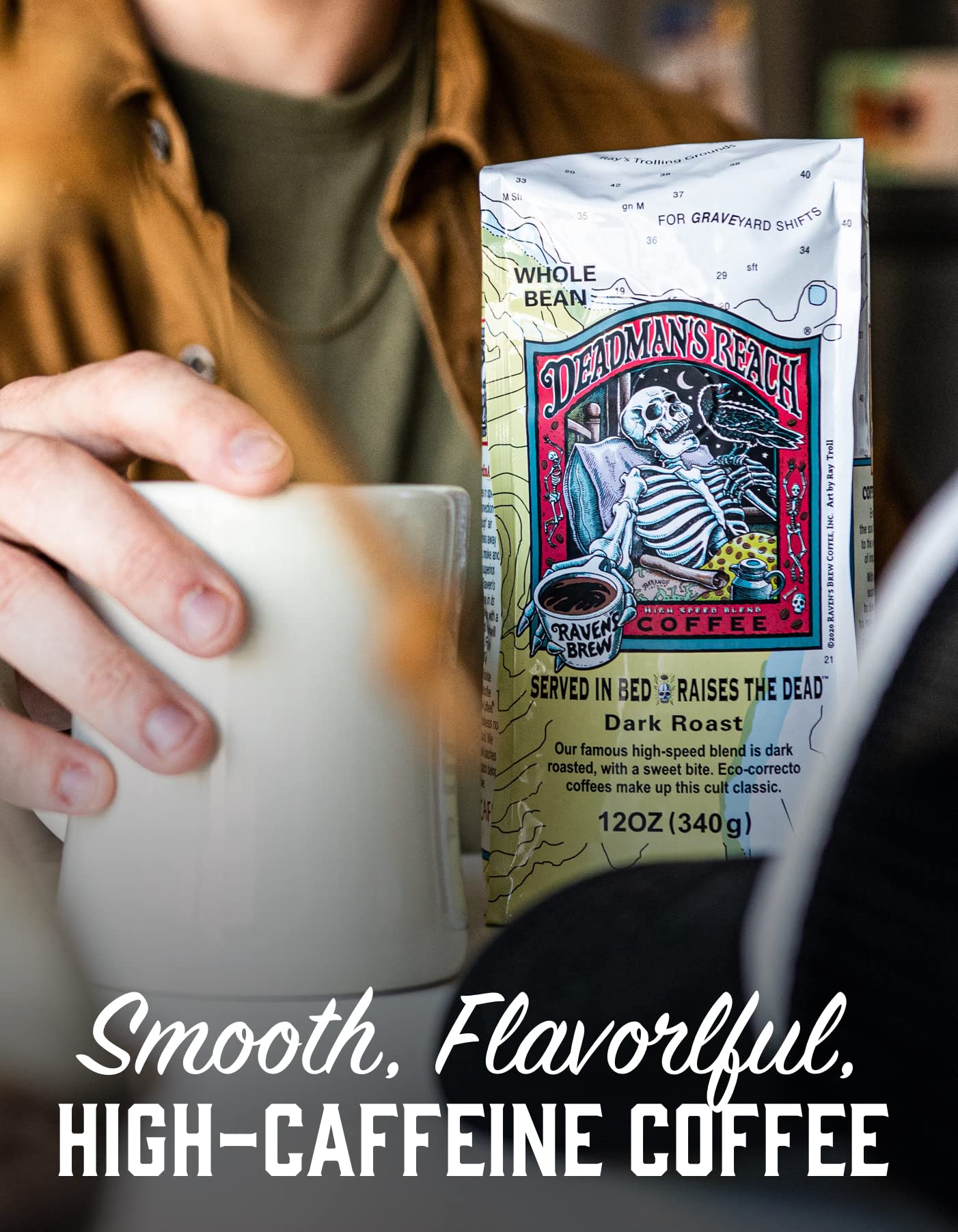 Ravens Brew Coffee Dark Roast Whole Bean, High Caffeine, 12oz, Deadmans Reach