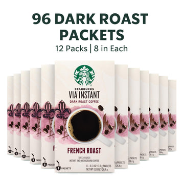 Starbucks VIA Instant Dark Roast Coffee, French Roast, 100% Arabica, 96 Packets (12 Boxes), 0.11 Ounce Each